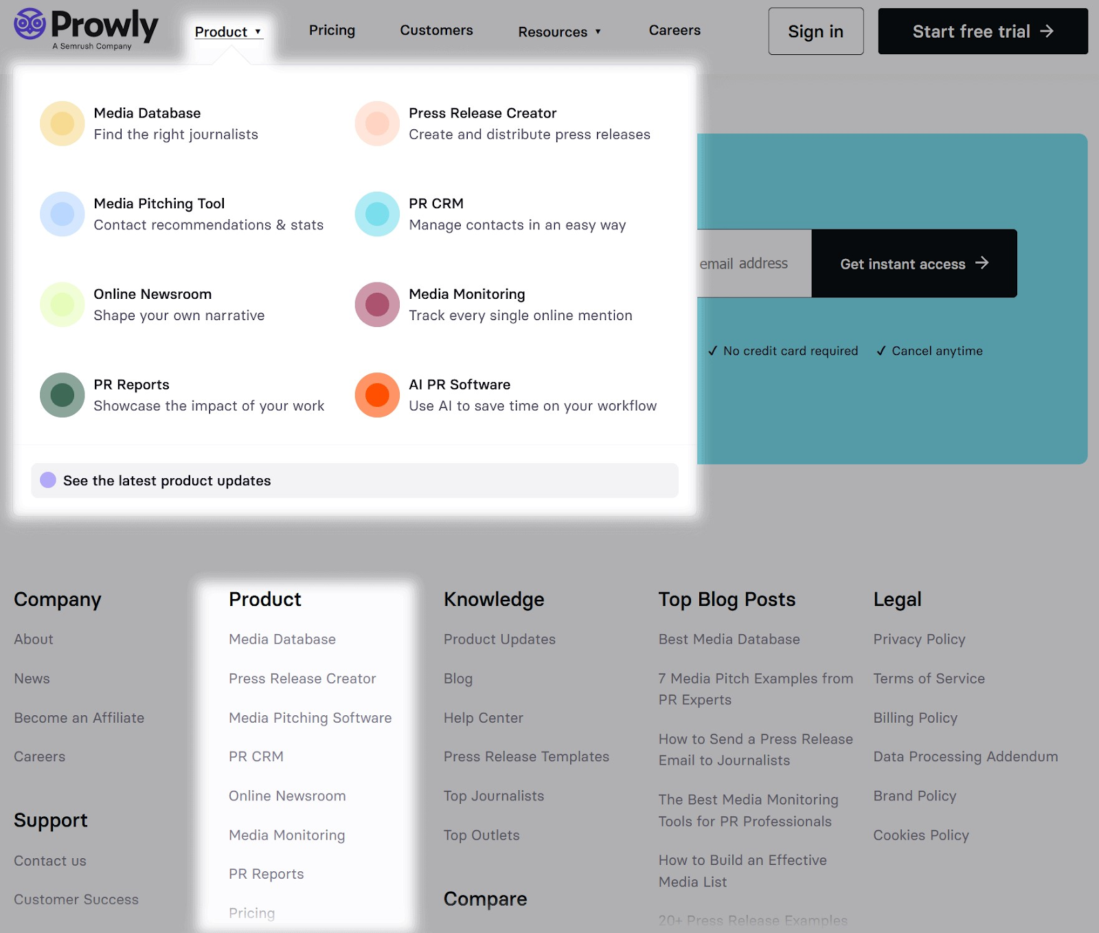 "Producto" menú de navegación o enlaces a pie de página destacados en el sitio web de Prowly