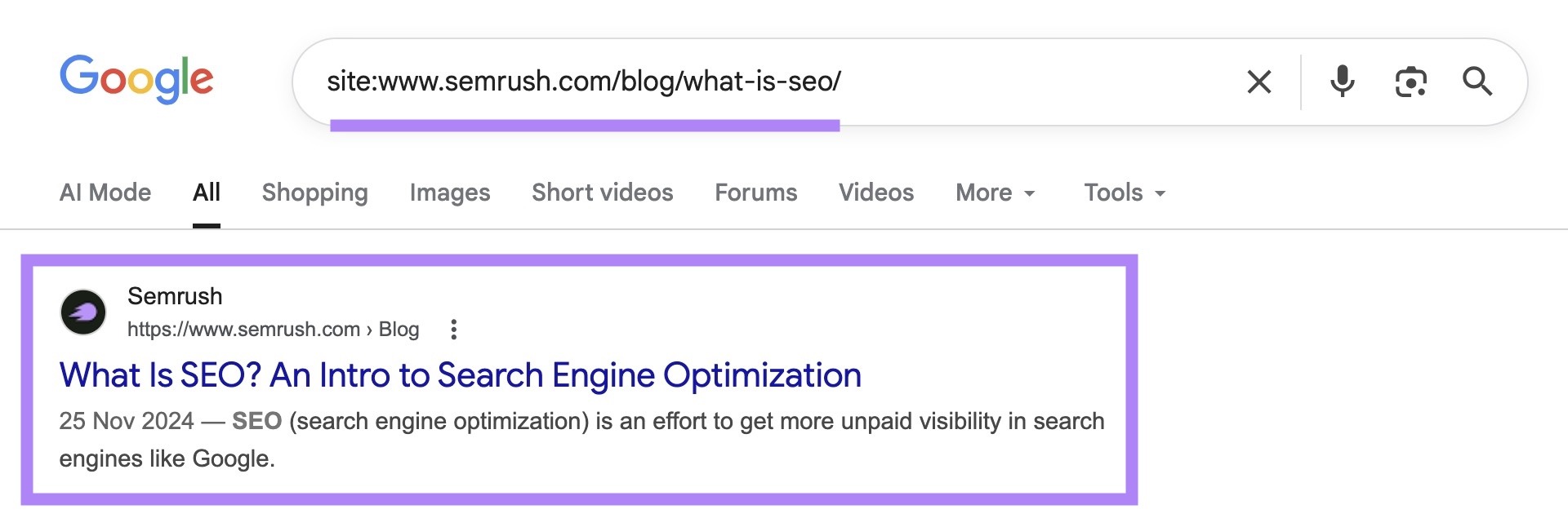 SERP for “site:sr01.amztoolslab.com/blog/what-is-seo/” with the top result highlighted.