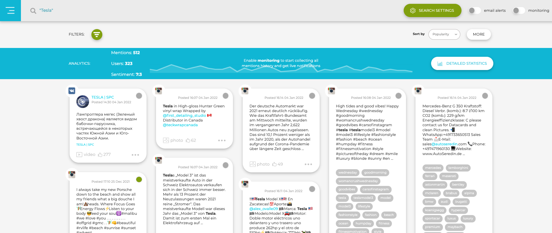 página do mecanismo de busca Social Searcher com a pesquisa Tesla e os resultados