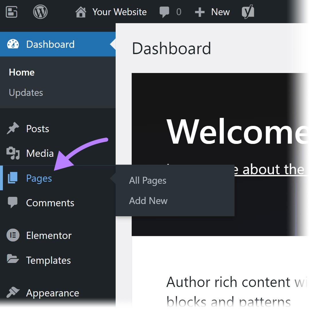 Navegar a "Páginas" en el menú de la barra lateral de WordPress