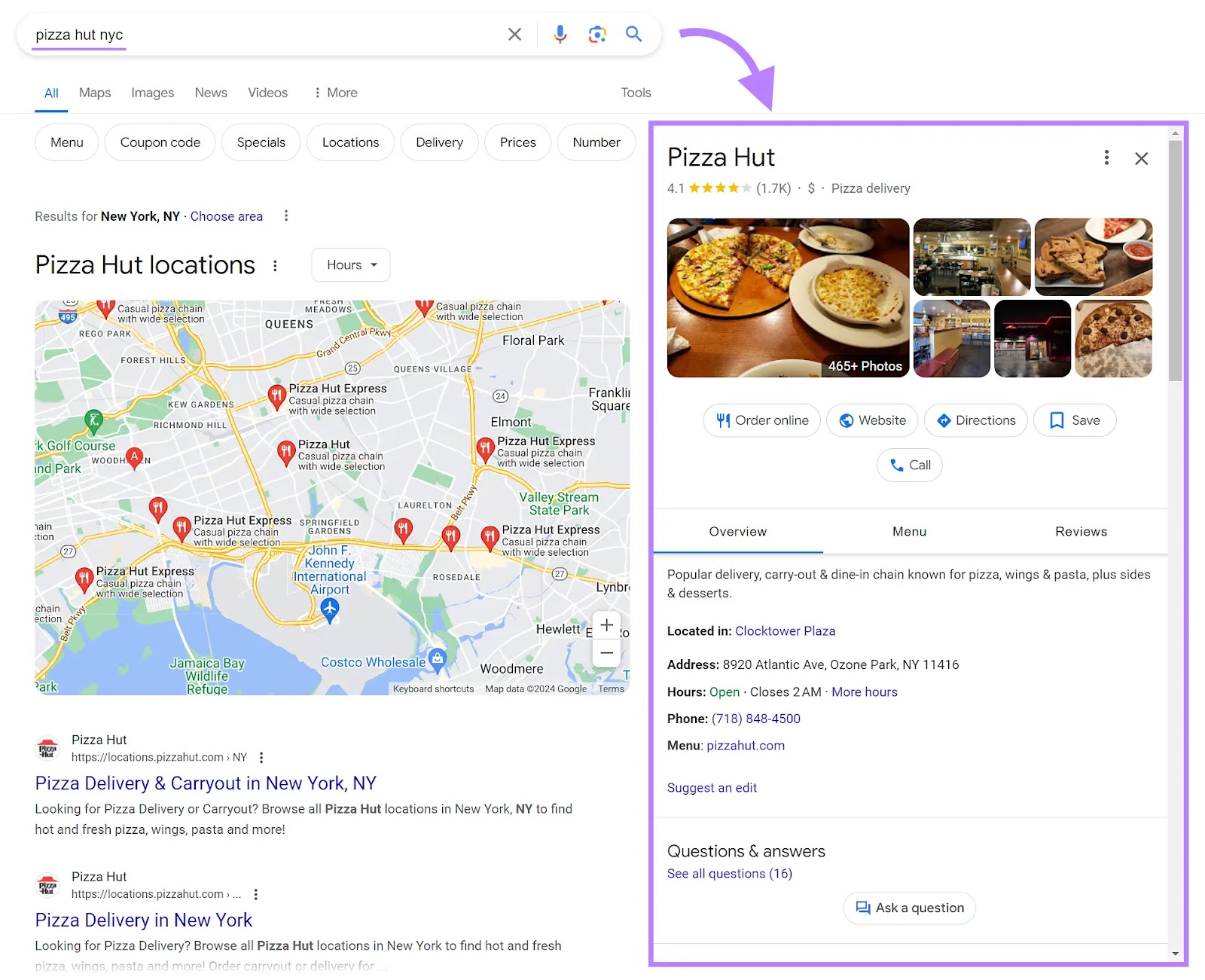 Perfil de Google Business de "Pizza Hut" mostrado en las SERP de Google.
