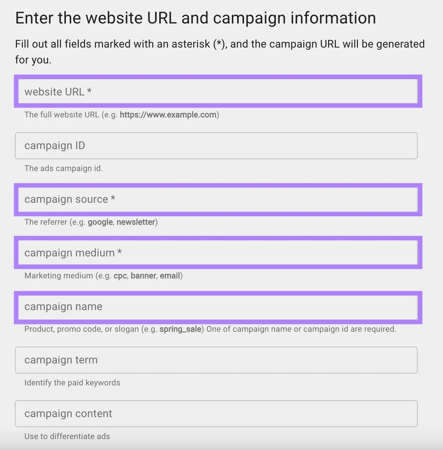 Seite zur Eingabe der Website-URL und der Kampagneninformationen wie Quelle, Medium, Name, Begriff usw. im Kampagnen-URL-Builder von Google