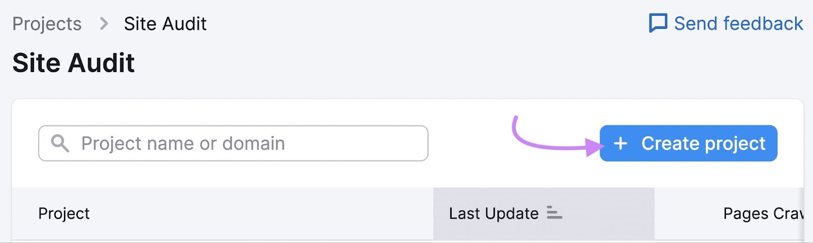 Bouton « + Créer un projet » dans l’outil d’audit de site