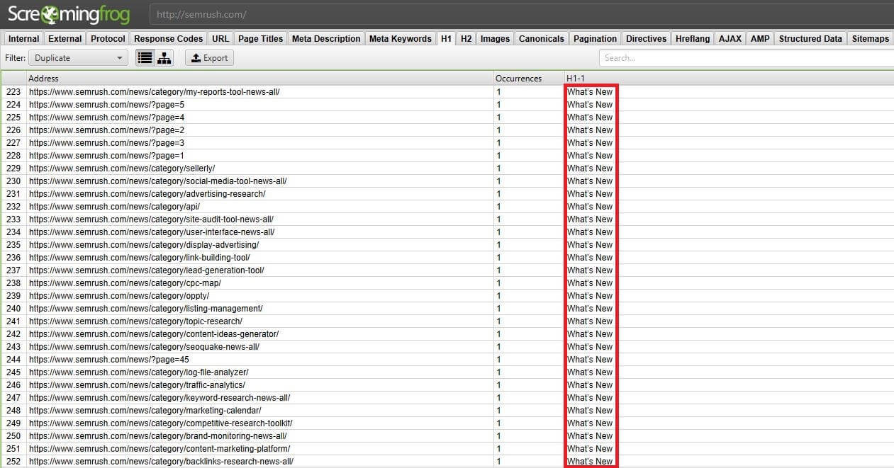 schermata h1 duplicati screaming frog