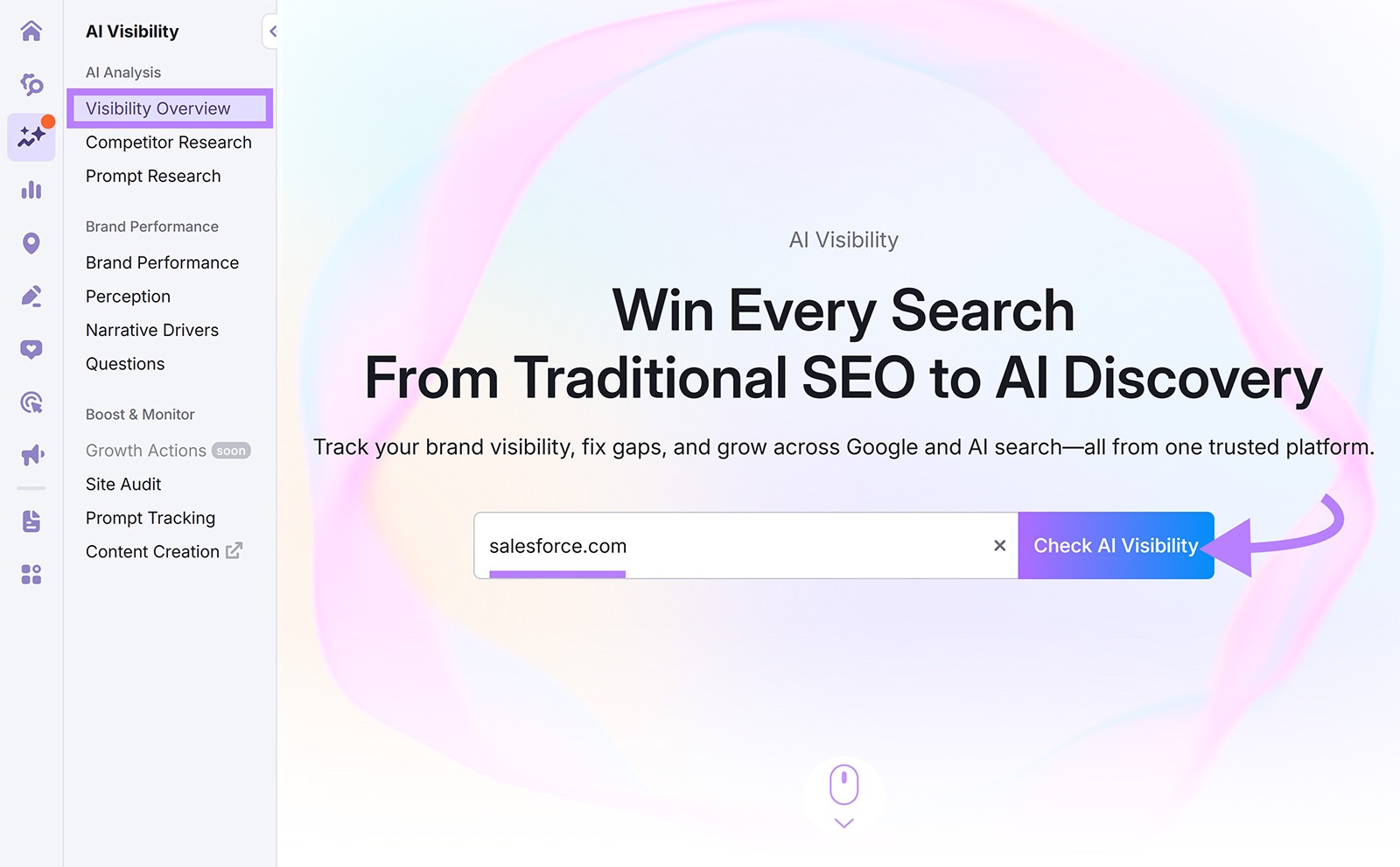 Visibility Overview tool showing input for brand domain and a button labeled Check AI Visibility.