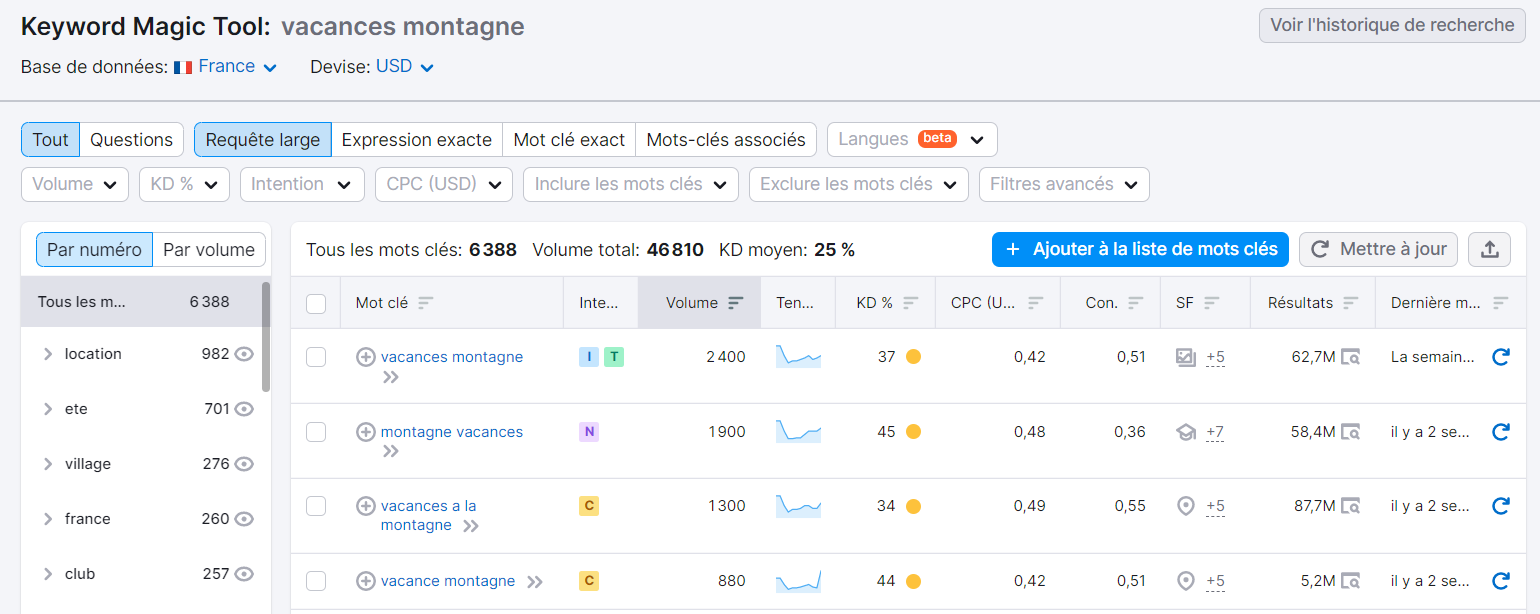 Keyword Magic Tool de Semrush, requête large