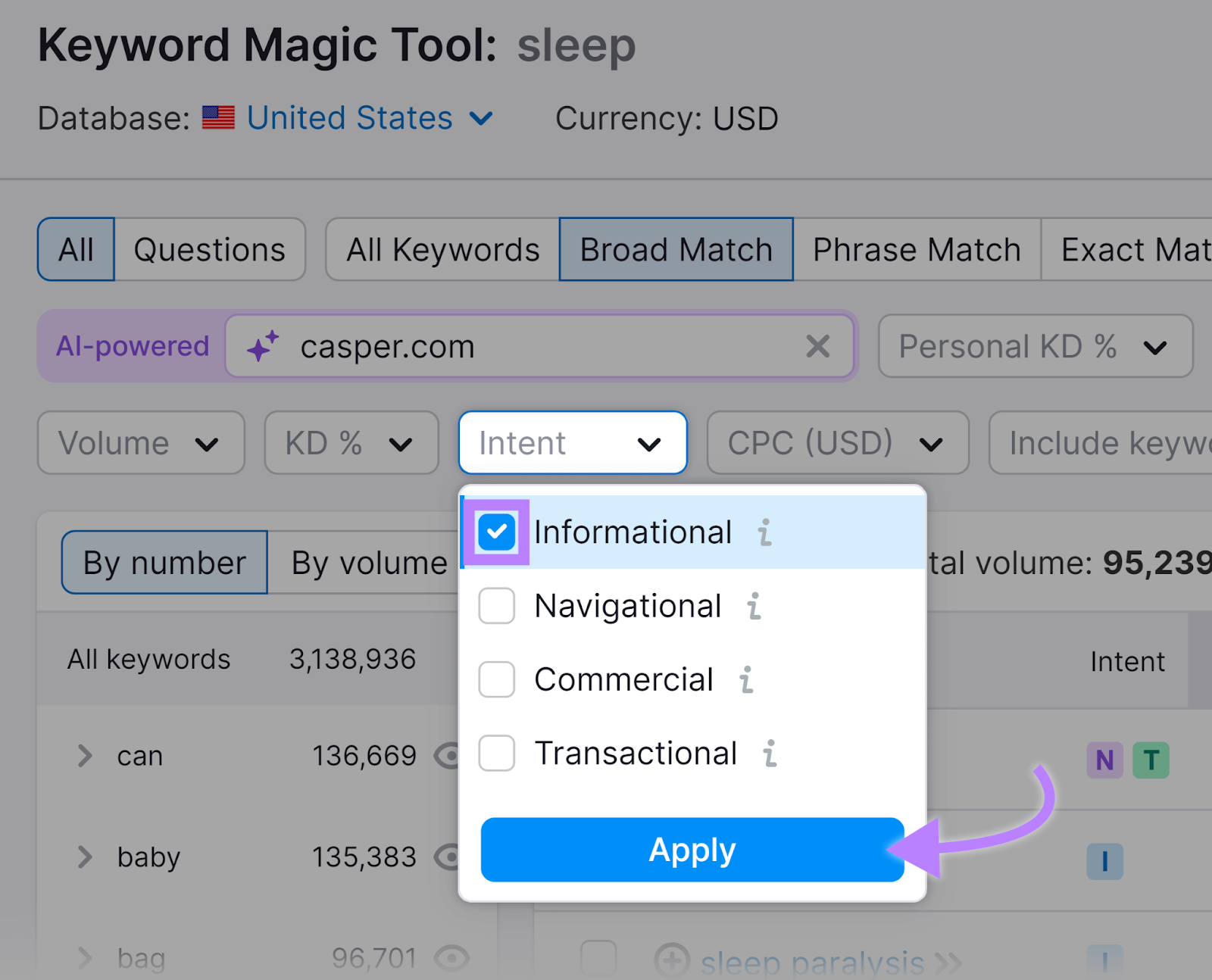 Informative Suchabsicht im Keyword Magic Tool