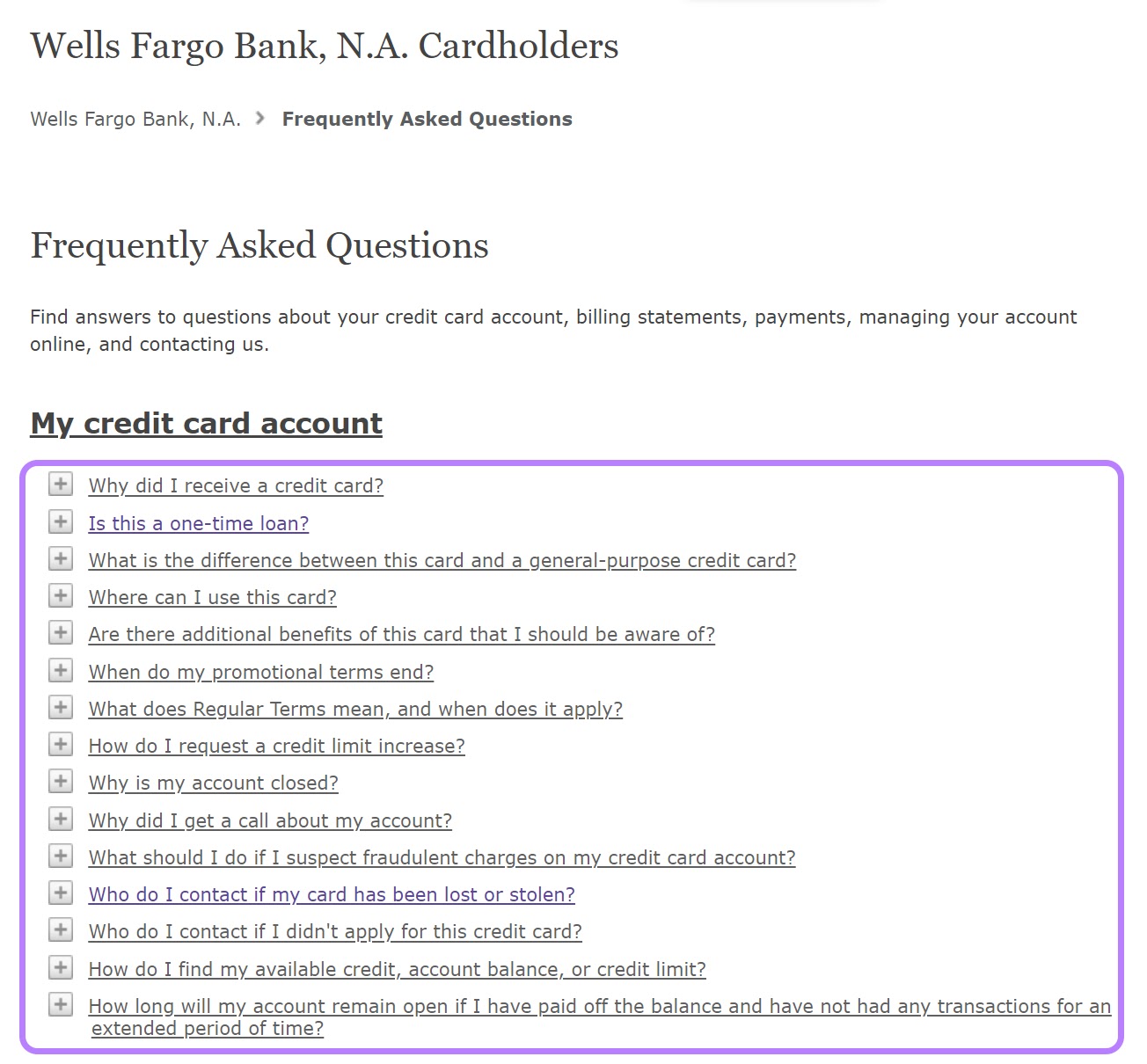 Página de preguntas frecuentes de Wells Fargo