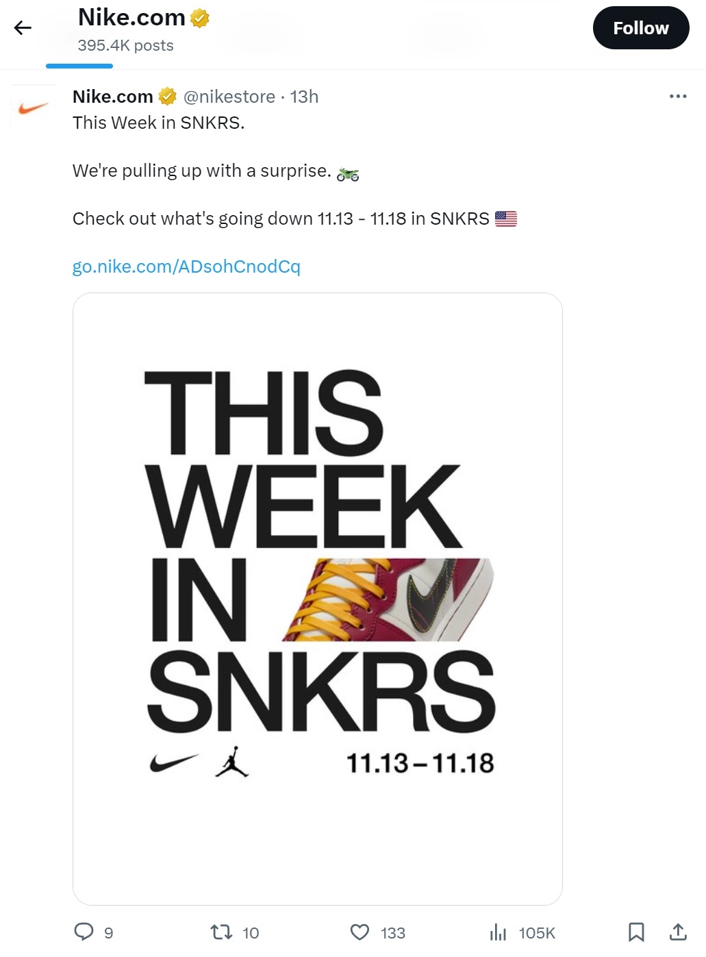 Publication de Nike sur X (anciennement Twitter) avec "Cette semaine dans SNKTS" copie