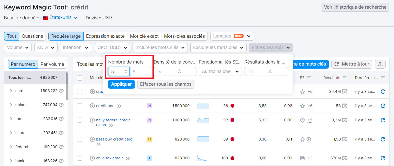 Qu'est-ce qu'un mot clé - Keyword Magic Tool, filtre pour nombre de mots