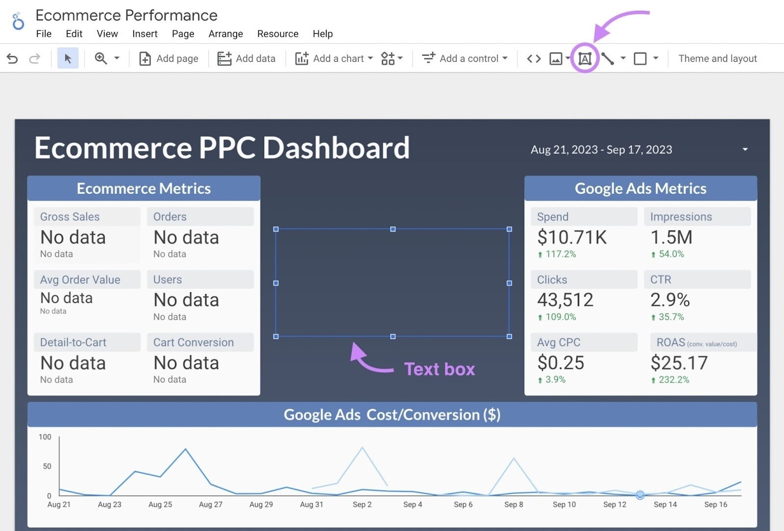 Usando uma "caixa de texto" no editor do Looker Studio
