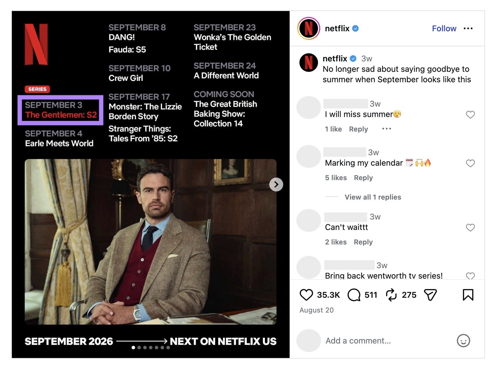 A image carousel post on Instagram by Netflix promoting season two of the TV show “The Gentlemen”.