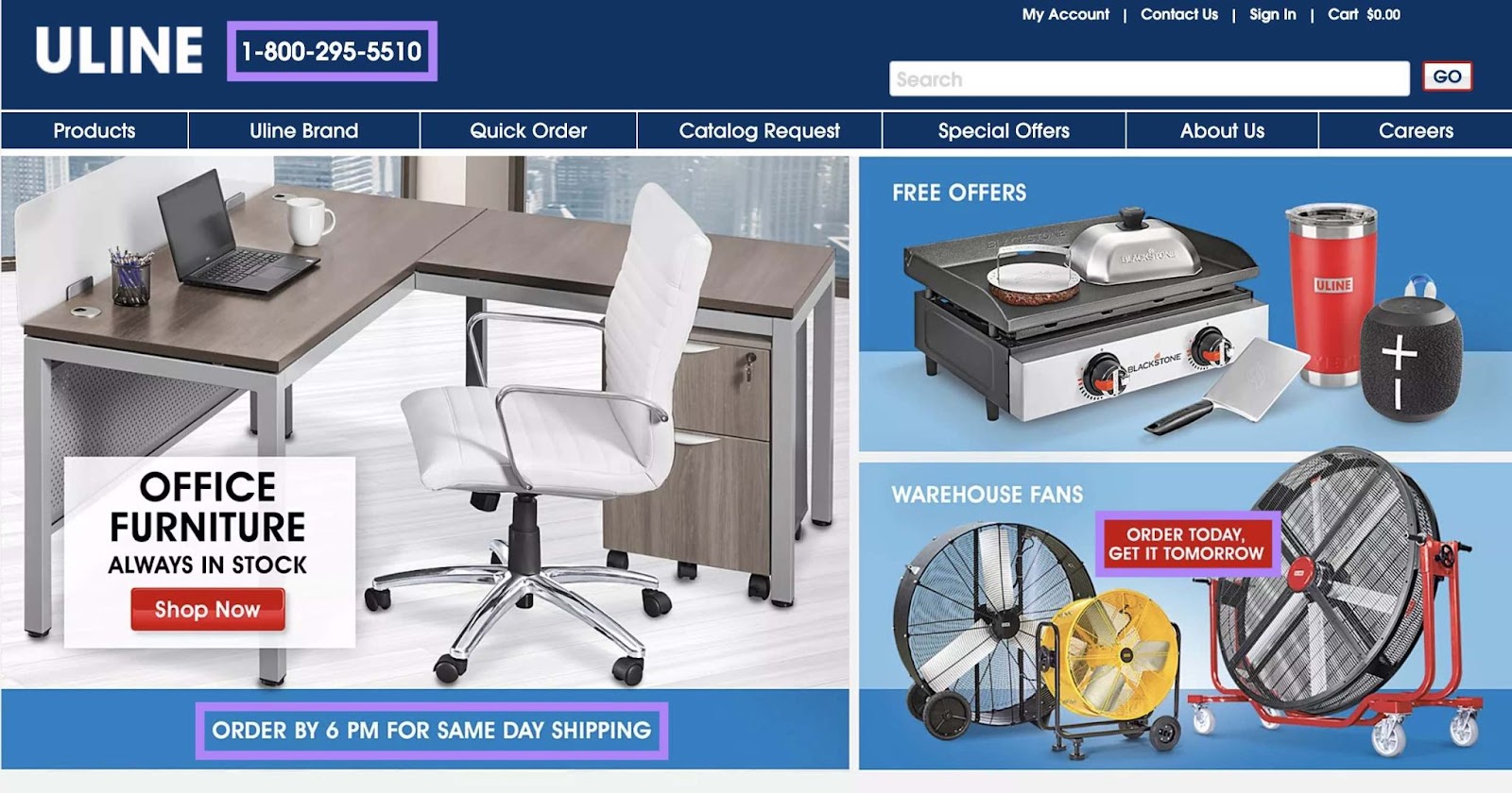 Homepage of B2B ecommerce brand, Uline, showing delivery timelines, a contact number, and stock availability.