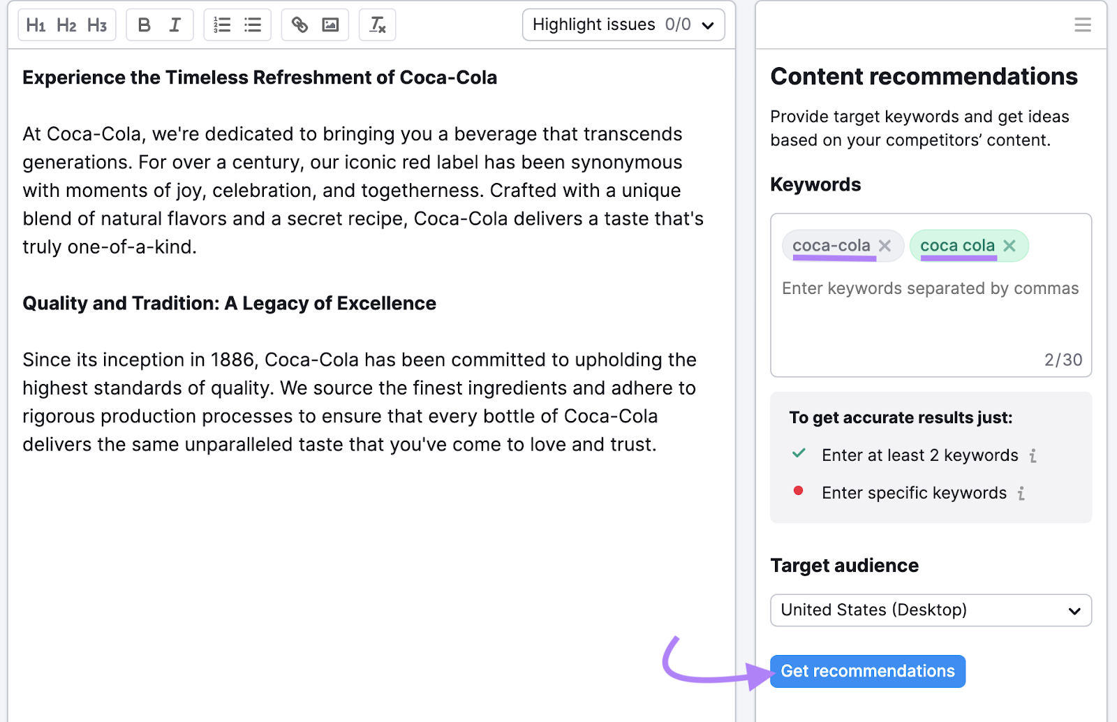 Botón "Obtener recomendaciones" resaltado en el editor del Asistente de Redacción SEO