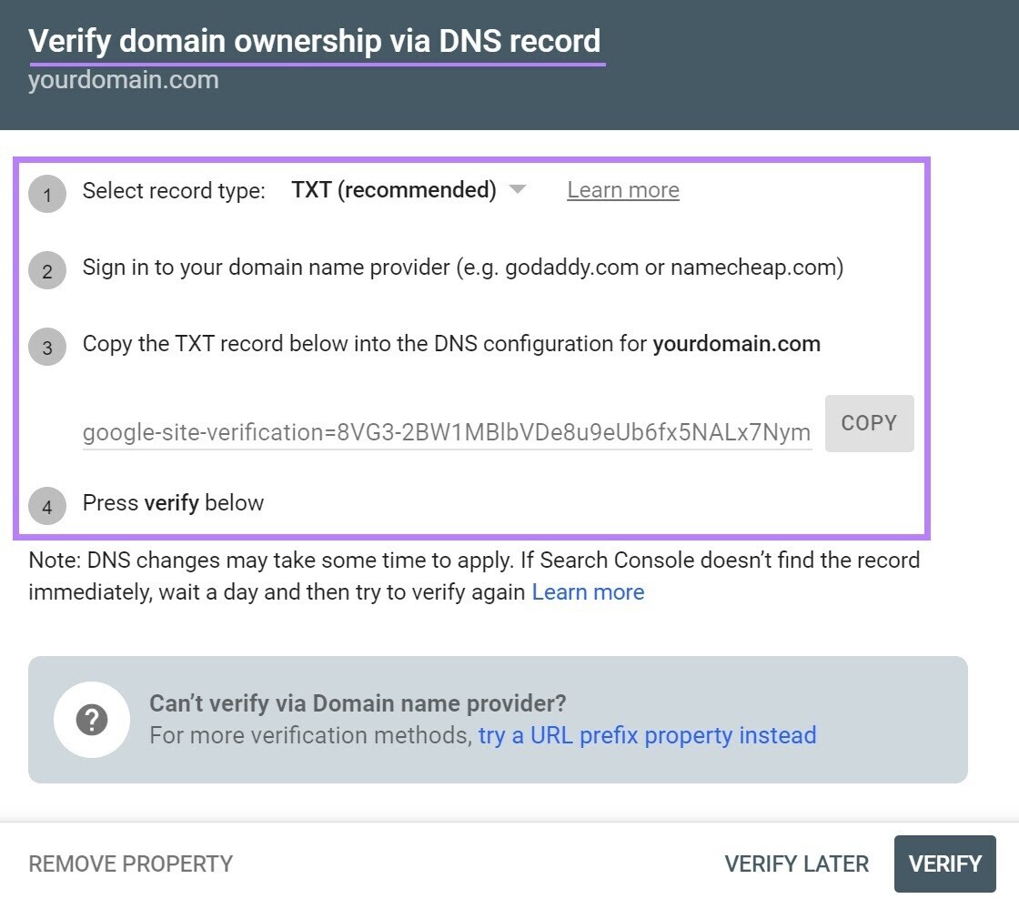 Tela "Verificar propriedade de domínio via registro DNS"