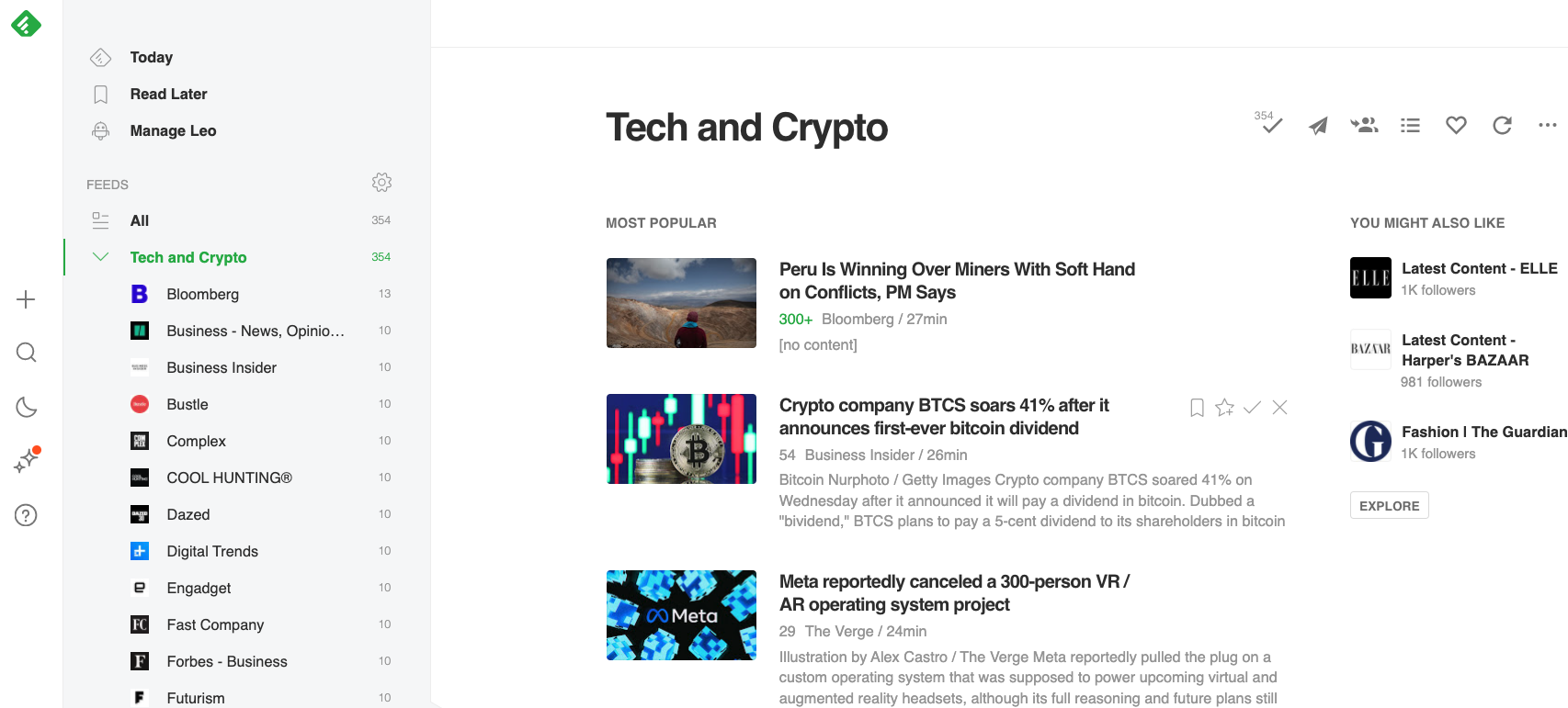 página da ferramenta Feedly com o filtro tech and crypto