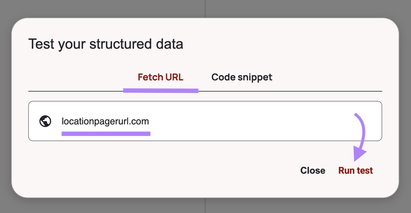 The "Fetch URL" tab of the Schema Markup Validator with a URL entered and "Run test" clicked.