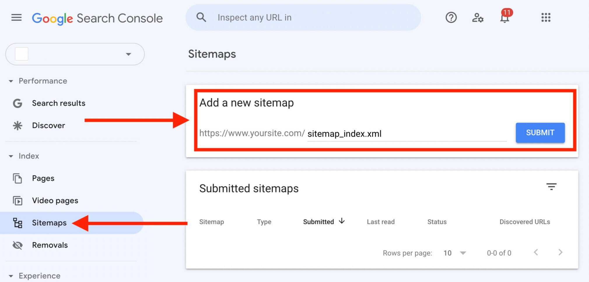 opção sitemaps no search console