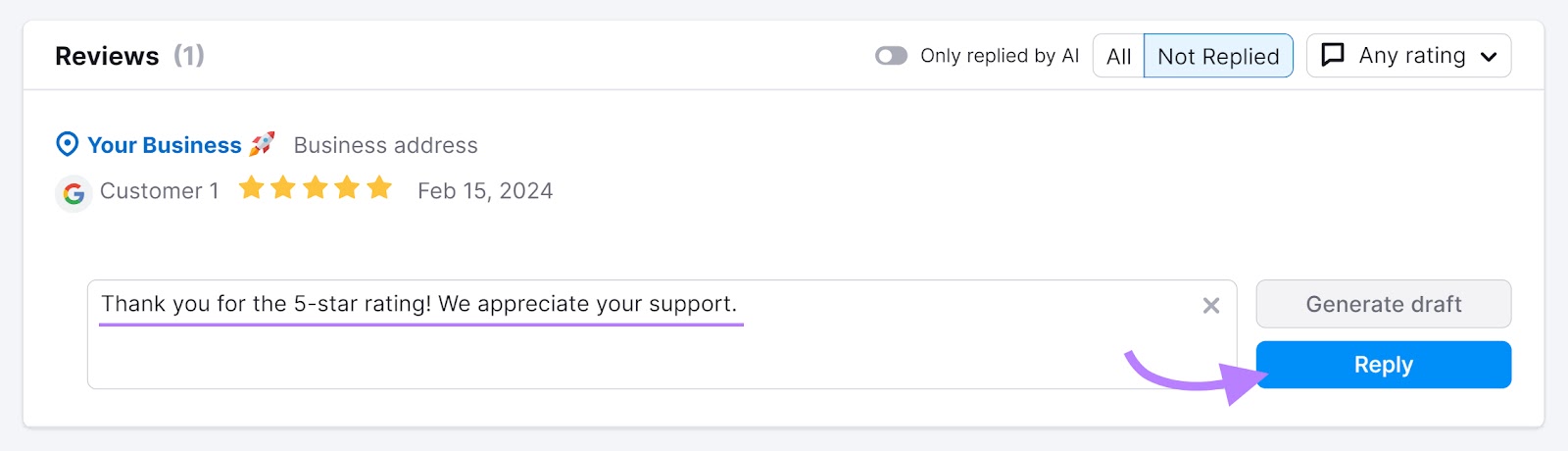 Herramienta de gestión de listados Sección "Reseñas" con una flecha apuntando al botón "Responder".