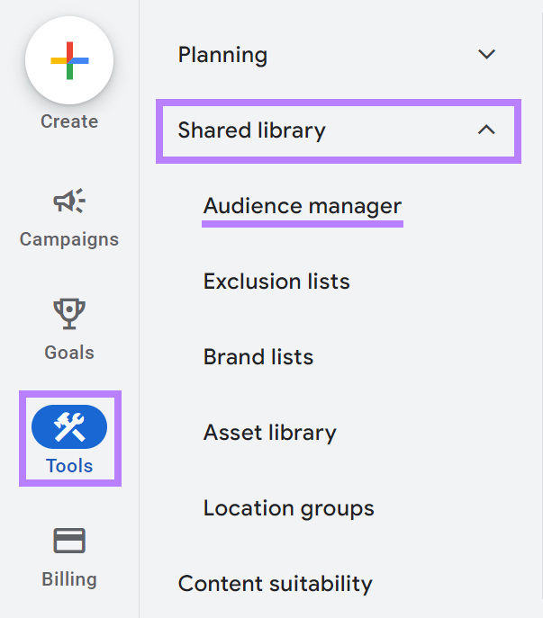 Navigieren Sie im Google Ads-Konto zu „Zielgruppenmanager“.
