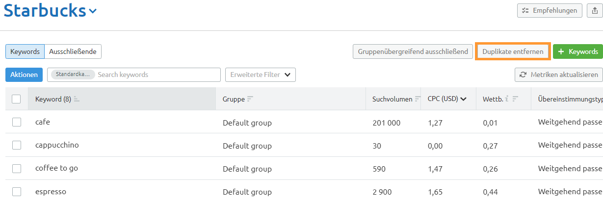 Schaltfläche 'Duplikate entfernen'