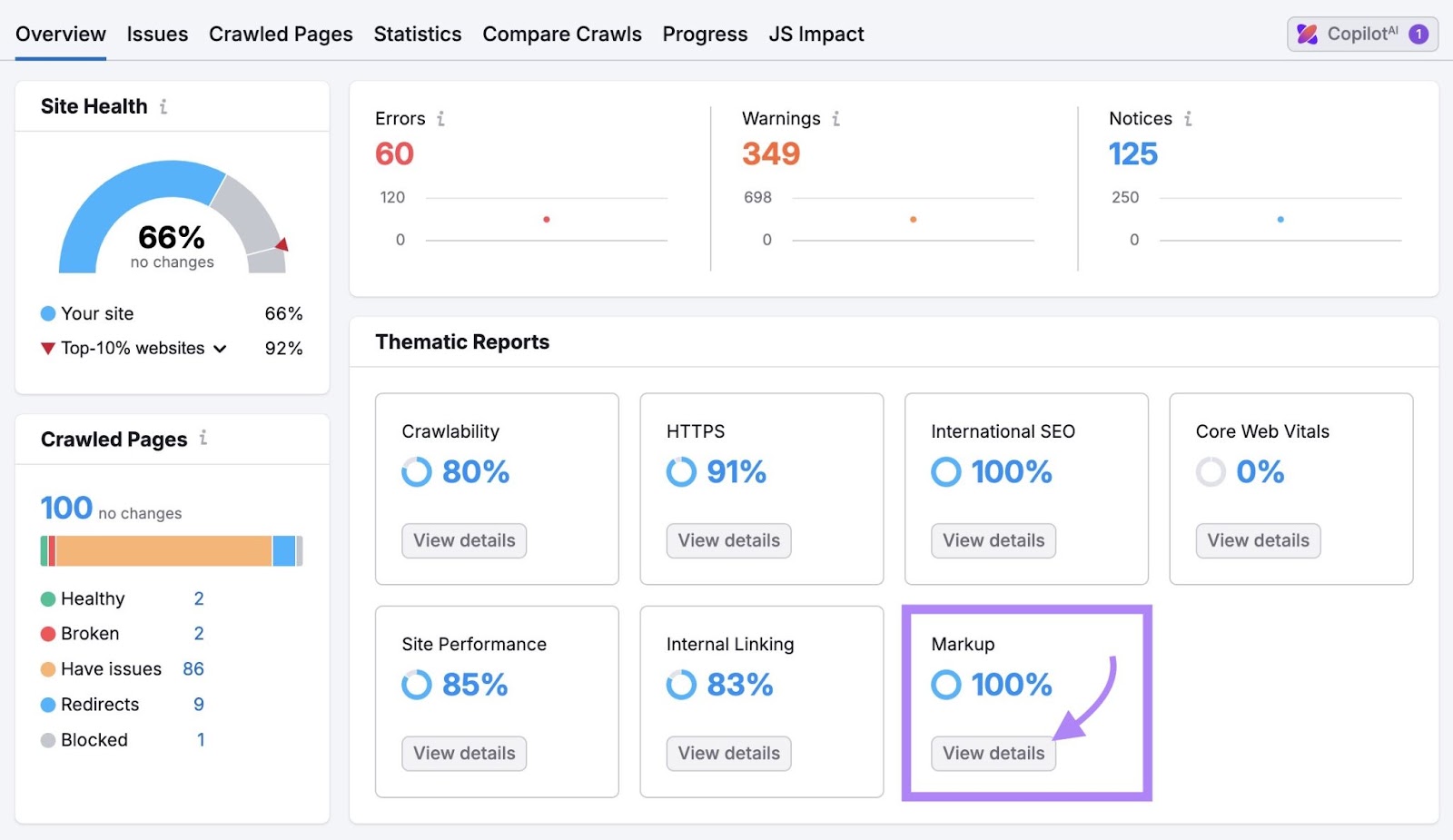 Site Audit report with "View details" under "Markup" clicked.