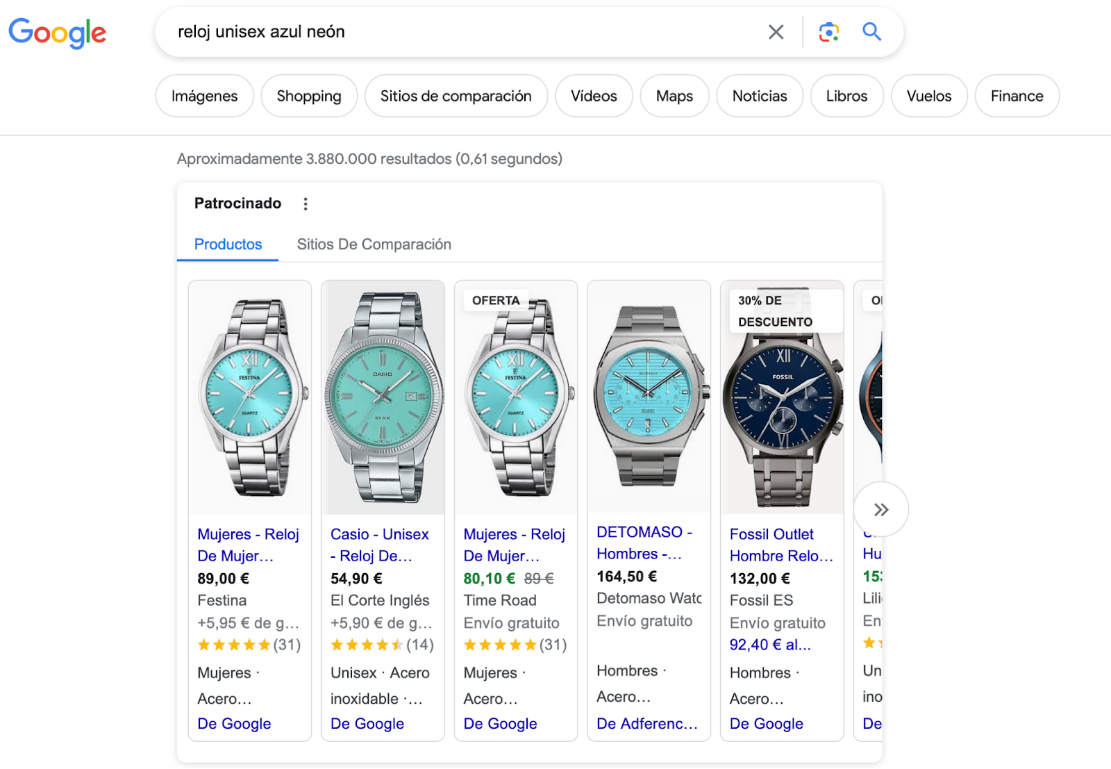 reloj unisex azul neón en las SERP