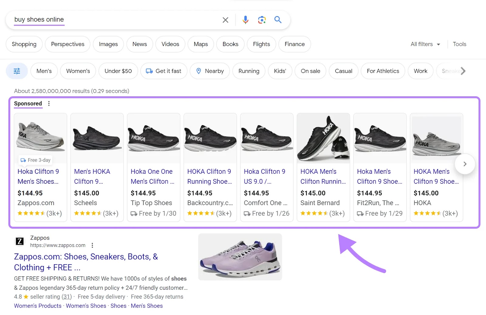 Anúncios de listagem de produtos para a consulta "comprar sapatos online" na SERP do Google