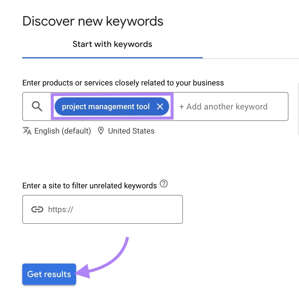 "Scopri nuove parole chiave" sullo strumento Keyword Planner di Google con un termine seed inserito e "Ottieni risultati" cliccato.