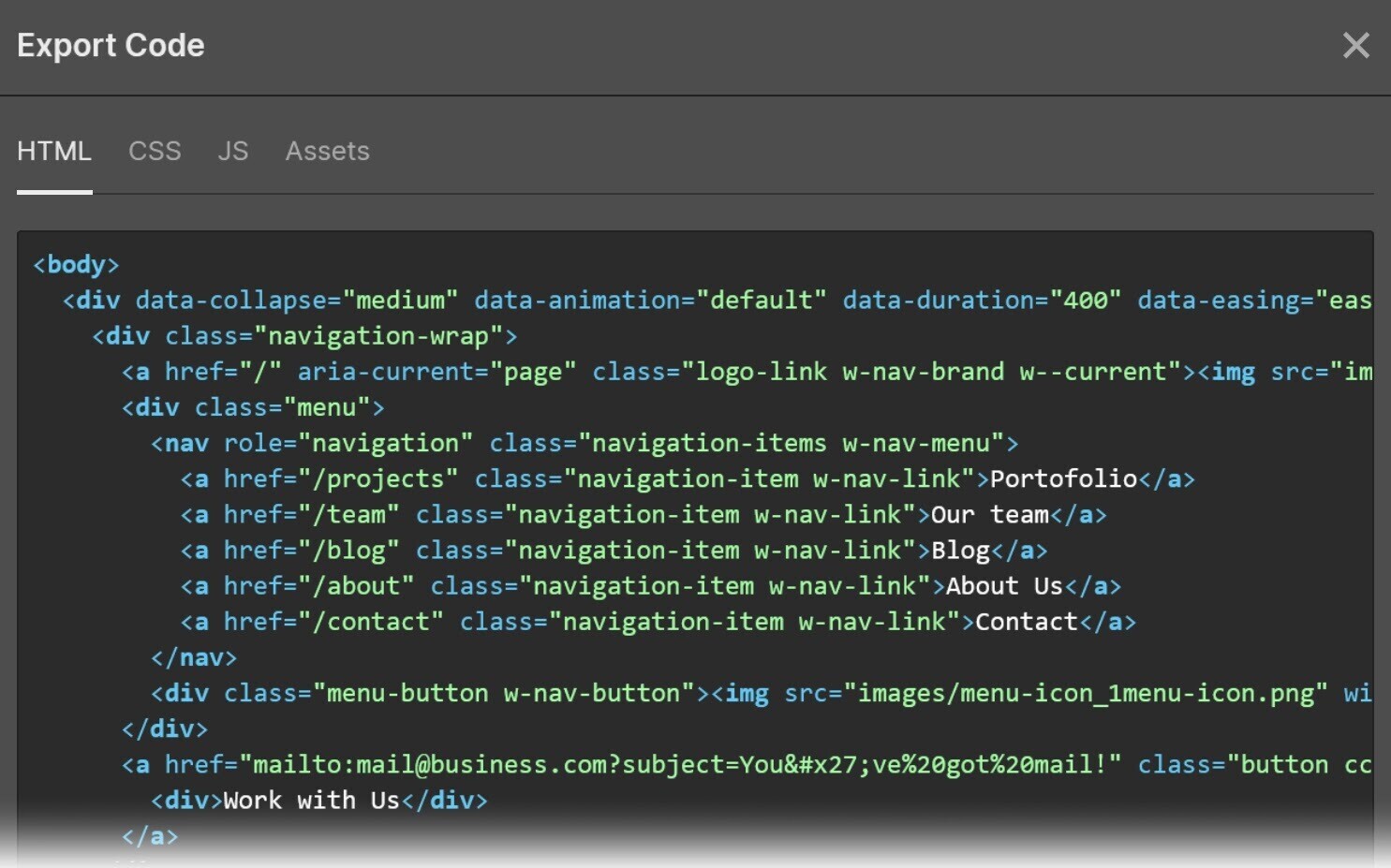 Código HTML generado por Webflow