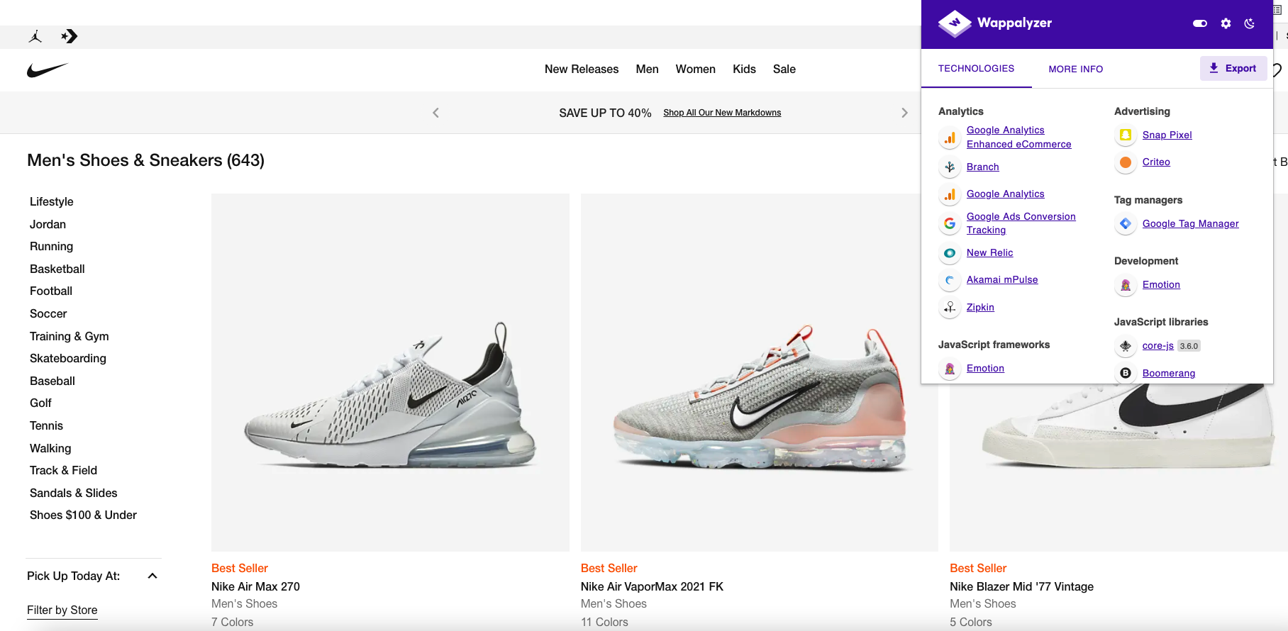 extensão de navegador Wappalyzer analisando o site da Nike