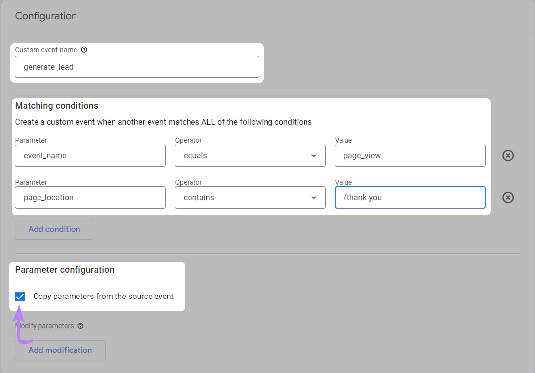 Page "Configuration" dans les paramètres du GA4