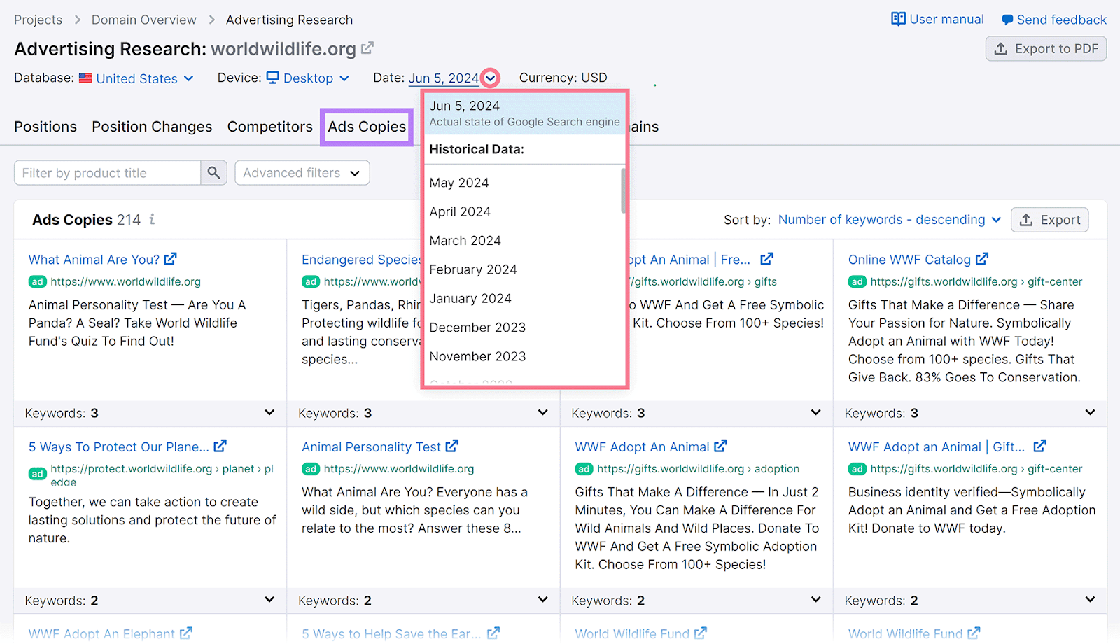 Relatório de cópias de anúncios com menu suspenso de dados expandido, mostrando opções na ferramenta de pesquisa de publicidade do Semrush.