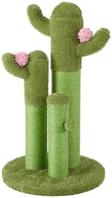 arranhador para gatos em forma de cacto verde com flores cor de rosa