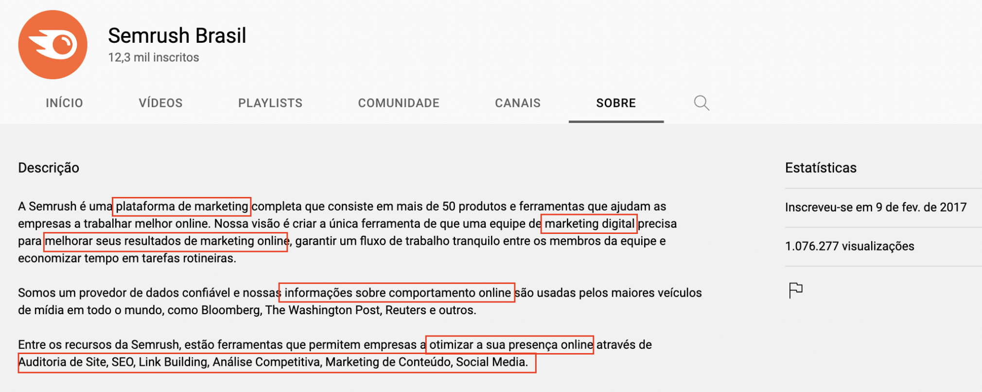 Descrição do canal Semrush Brasil