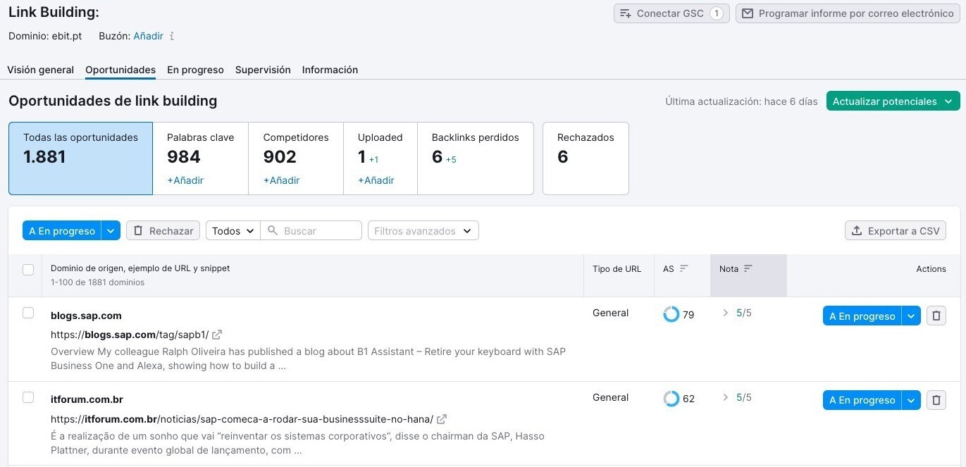 Herramienta Link Building Semrush