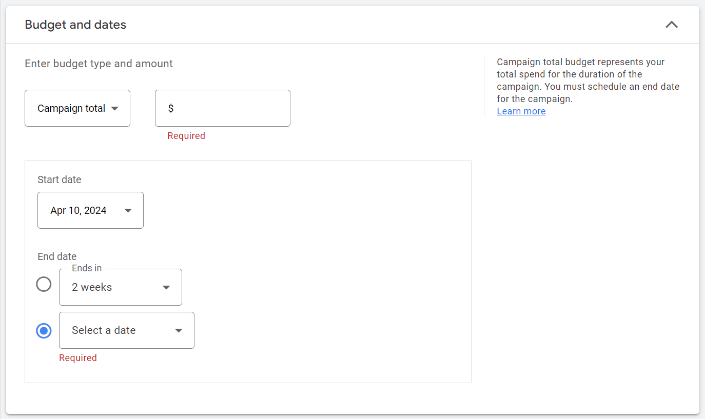 Kampagnenbudget- und Datumsbereich in Google Ads