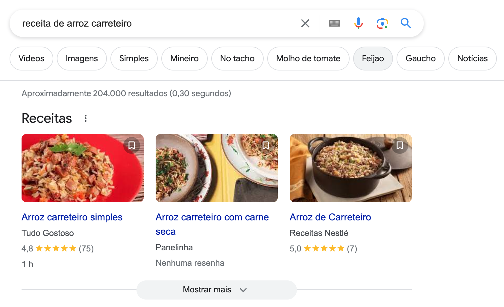 Recurso de SERP de receitas de arroz carreteiro