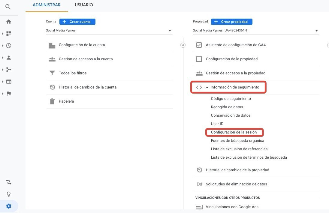 configuración de la sesión google analytics