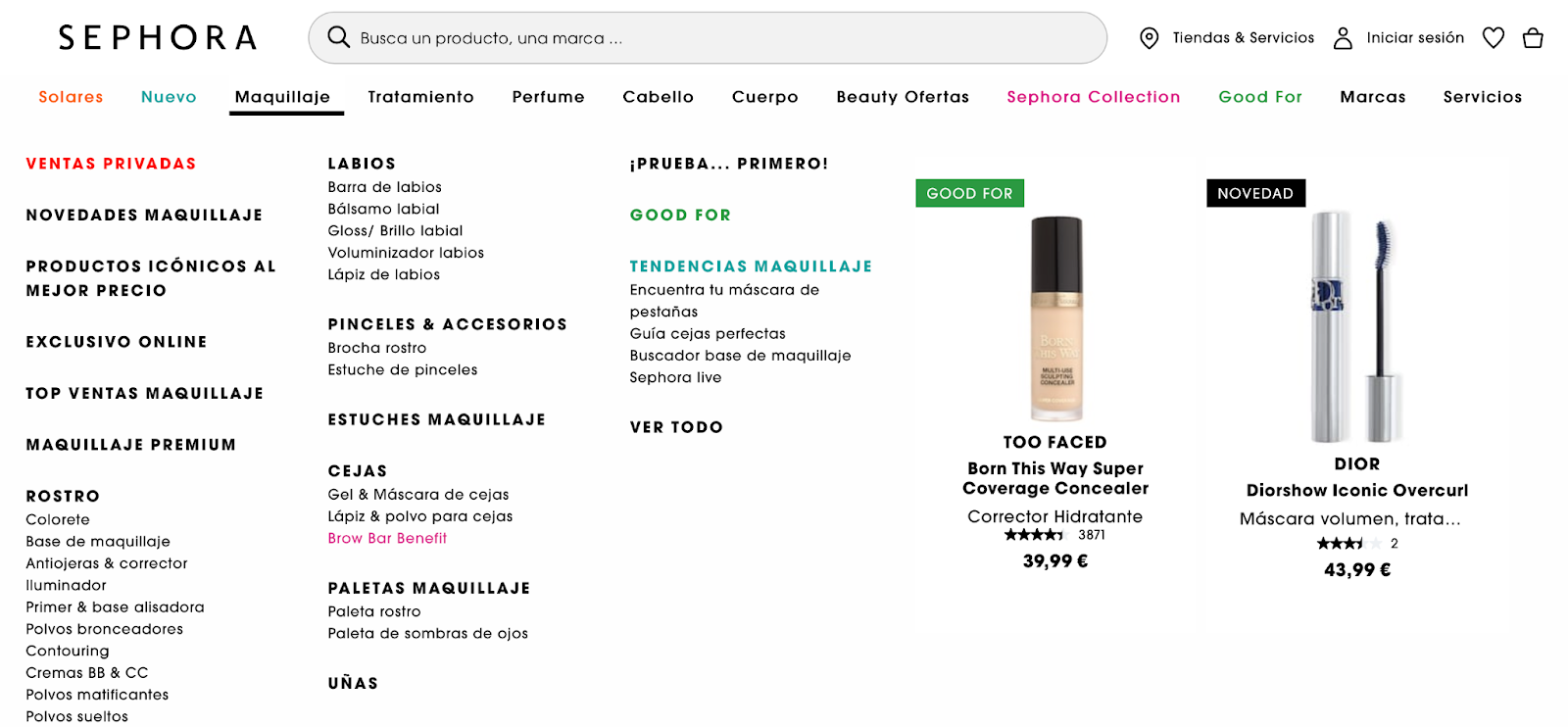 Menú de navegación de la web de Sephora