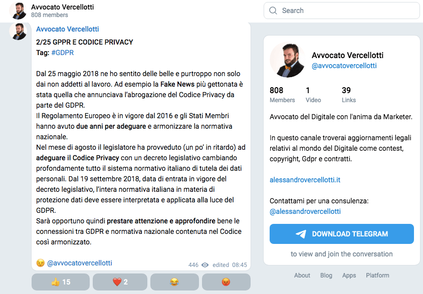 Per conoscere temi legali legati al web segui Alessandro Vercellotti su Telegram