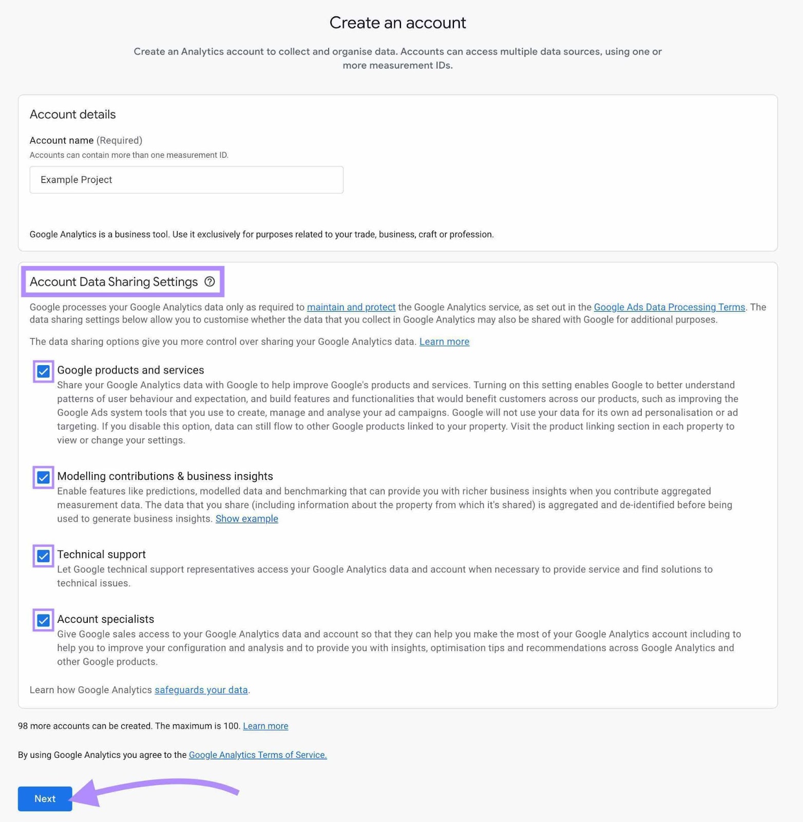 Sección "Ajustes de compartición de datos de la cuenta" resaltada