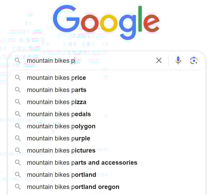 Lista desplegable de autocompletar de Google al escribir "bicicletas de montaña p" en la barra de búsqueda