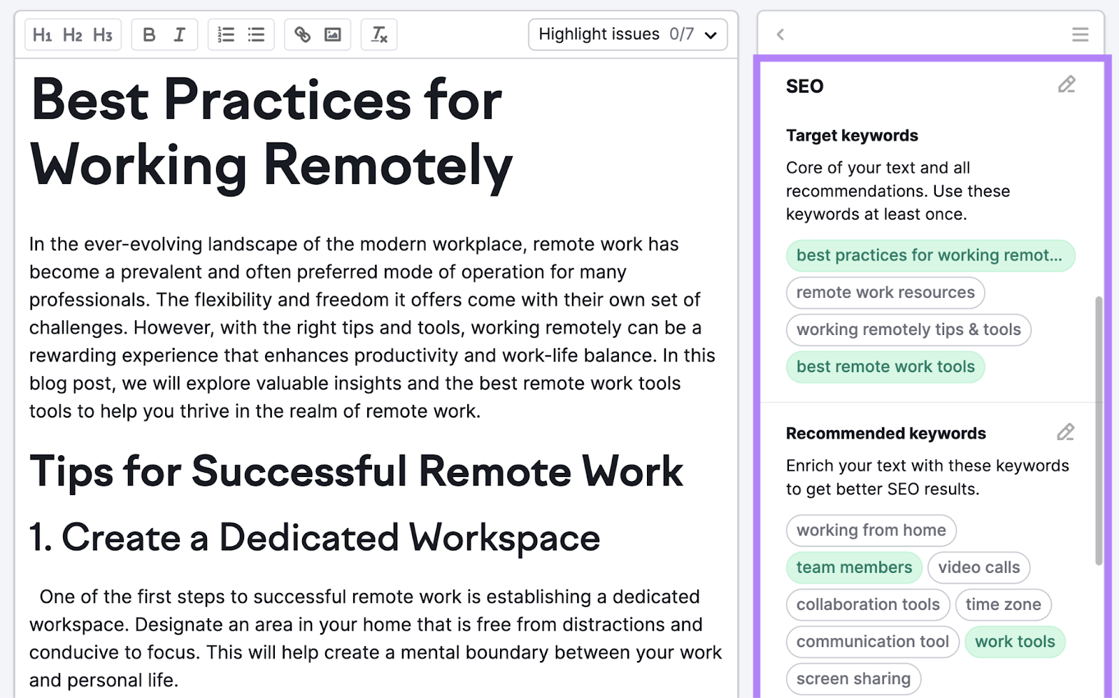 Sección de recomendaciones "SEO" en el Asistente de Redacción SEO