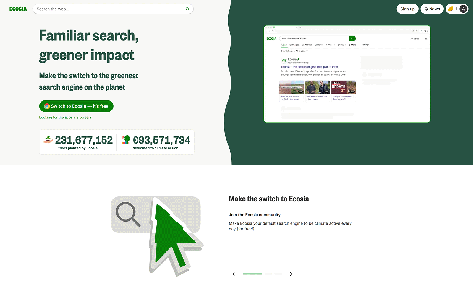 Ecosia promotes eco-friendly search with a “switch to Ecosia” button, tree planting stats, and a preview of search results.