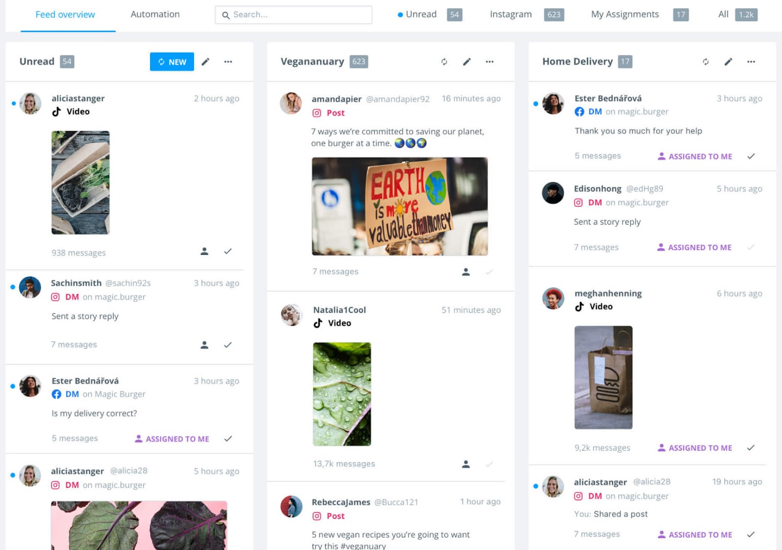 A aba "Visão geral do feed" no Brandwatch está categorizada por "Não lidas", "Vegananuary" e "Entrega em domicílio".