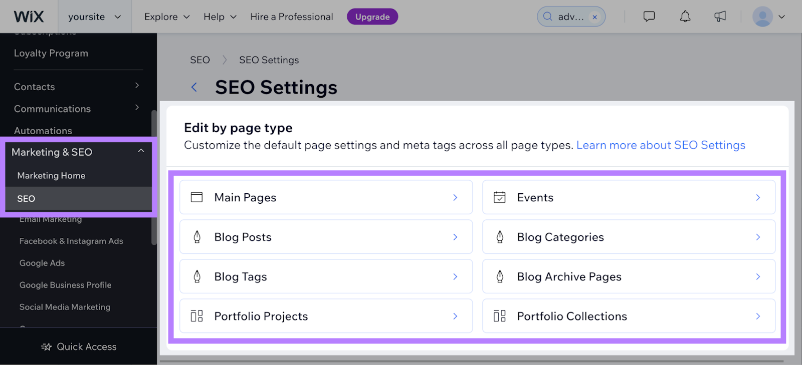 Seção "edit by page type" em “SEO settings” do Wix