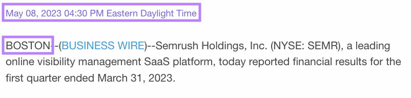 Ejemplo de un comunicado de prensa de Semrush