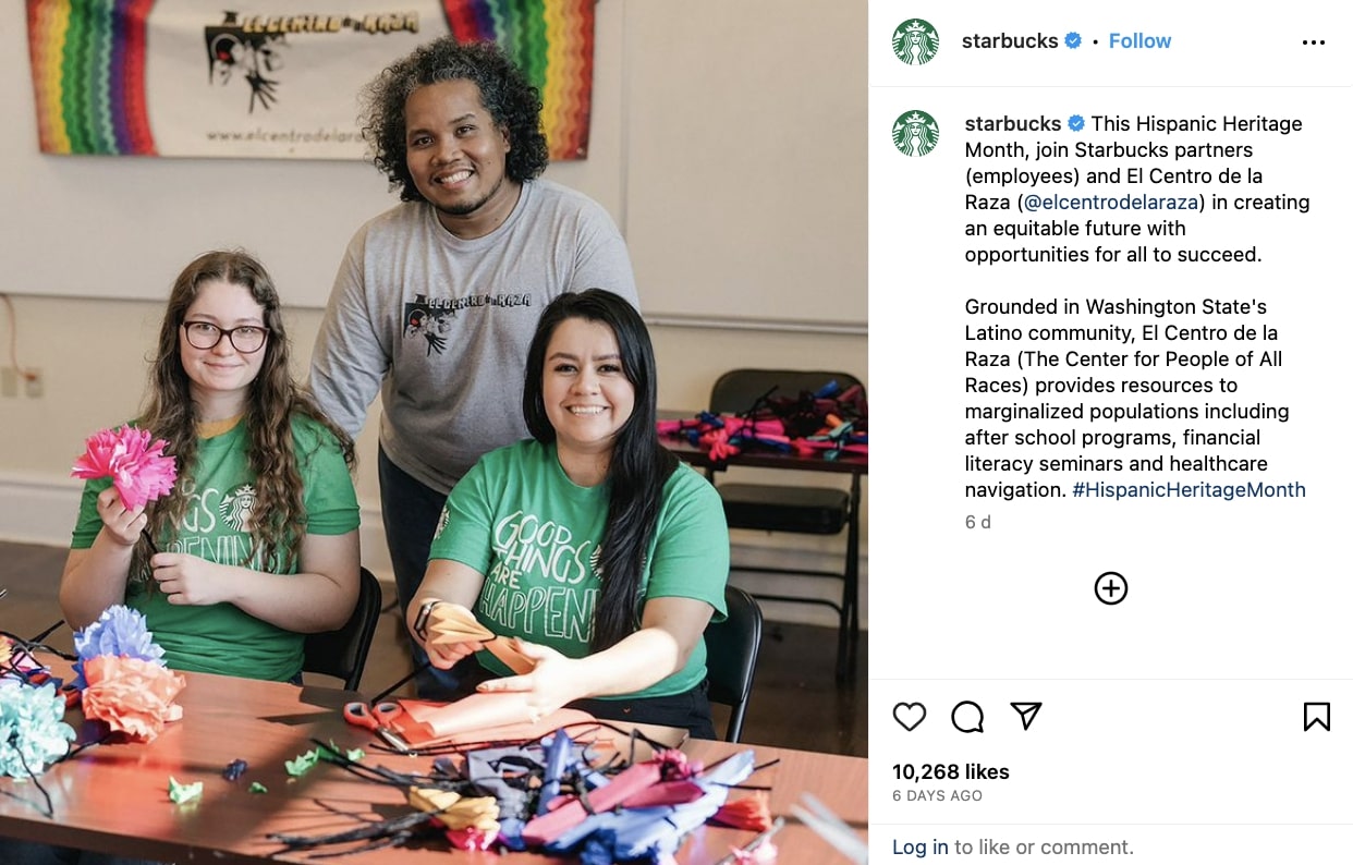 Publicação da Starbucks no Instagram que celebra o Mês da Herança Hispânica