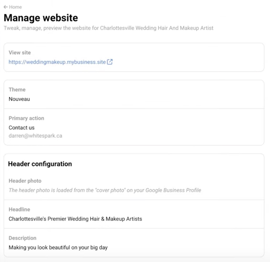 "Manage website" window on Whitespark with input boxes to create a website using a business' GBP data.
